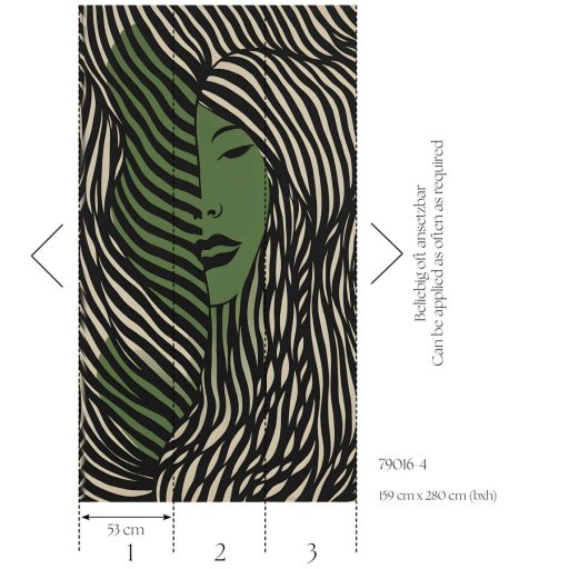 A grafikus portré ábrázolás gyöngyszeme! Hajzuhatag fél női arccal bézs zöld és fekete tónus falpanel