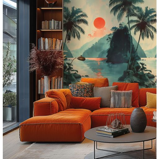 Trópusi öböl a vöröslő nap fényében kies és keleties panoráma vörös narancs zöld és törtfehér tónus falpanel