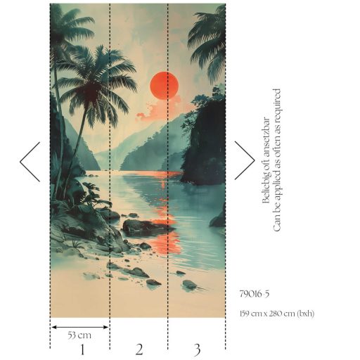 Trópusi öböl a vöröslő nap fényében kies és keleties panoráma vörös narancs zöld és törtfehér tónus falpanel