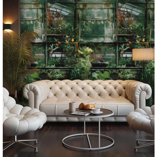 Nosztalgikus és trendi vintage üvegház motívum zöld barna narancs és fekete tónus falpanel