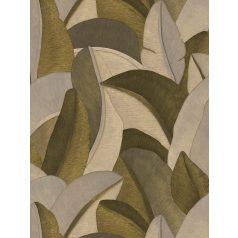   Nagyformátumú 3D trópusi levélzet kifinomult struktúrával bézs szürke zöldarany és arany tónus fémes hatás tapéta