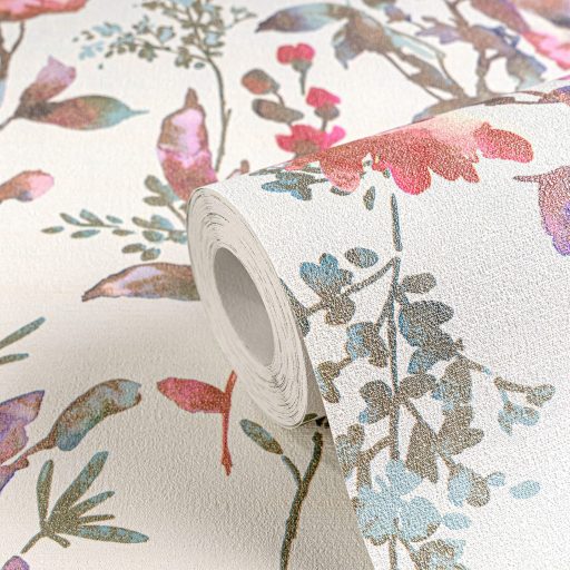 Nosztalgikus hangulatú akvarell romantikus virágminta krémfehér rózsaszín lila korall és sárga tónus tapéta