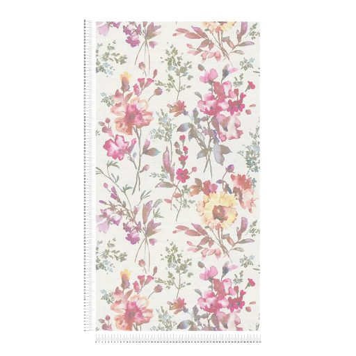 Nosztalgikus hangulatú akvarell romantikus virágminta krémfehér rózsaszín lila korall és sárga tónus tapéta