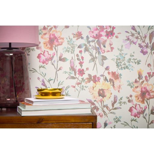 Nosztalgikus hangulatú akvarell romantikus virágminta krémfehér rózsaszín lila korall és sárga tónus tapéta