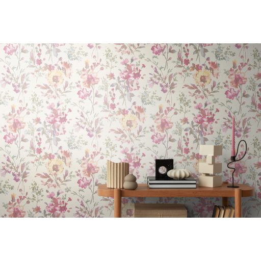 Nosztalgikus hangulatú akvarell romantikus virágminta krémfehér rózsaszín lila korall és sárga tónus tapéta