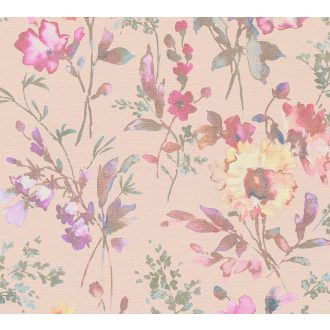   Nosztalgikus hangulatú akvarell romantikus virágminta barack rózsaszín lila sárga és zöldeskék tónus tapéta