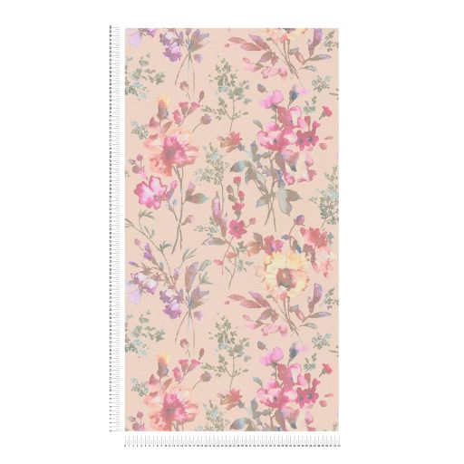 Nosztalgikus hangulatú akvarell romantikus virágminta barack rózsaszín lila sárga és zöldeskék tónus tapéta