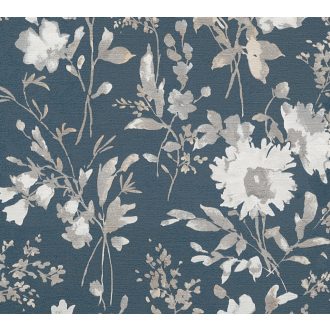   Nosztalgikus hangulatú akvarell romantikus virágminta kék/petrolkék ezüst és fehér tónus finom fémes hatás tapéta