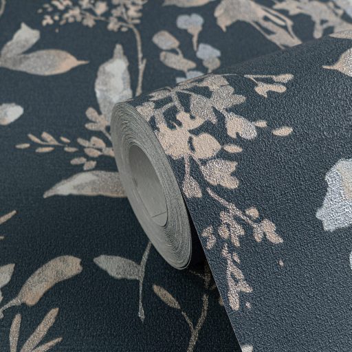 Nosztalgikus hangulatú akvarell romantikus virágminta kék/petrolkék ezüst és fehér tónus finom fémes hatás tapéta