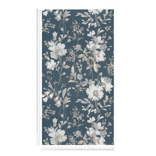 Nosztalgikus hangulatú akvarell romantikus virágminta kék/petrolkék ezüst és fehér tónus finom fémes hatás tapéta