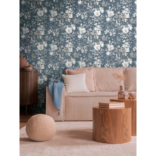 Nosztalgikus hangulatú akvarell romantikus virágminta kék/petrolkék ezüst és fehér tónus finom fémes hatás tapéta