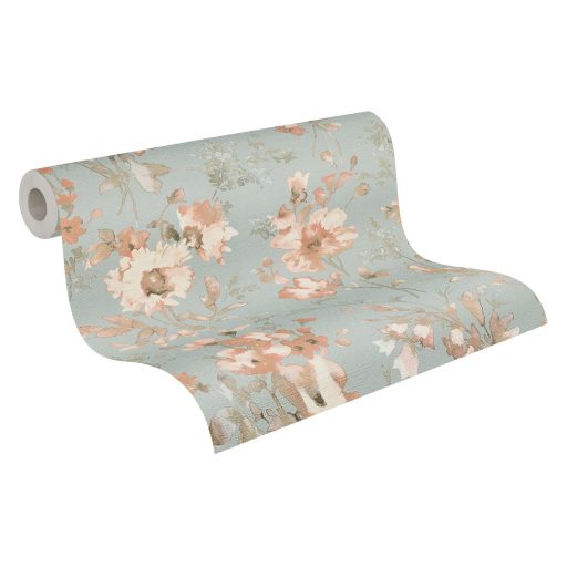 Nosztalgikus hangulatú akvarell romantikus virágminta pasztell mentazöld barack korall és vajszín tónus tapéta