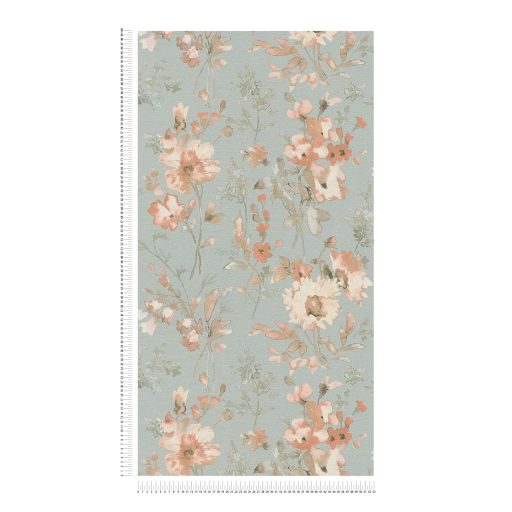 Nosztalgikus hangulatú akvarell romantikus virágminta pasztell mentazöld barack korall és vajszín tónus tapéta