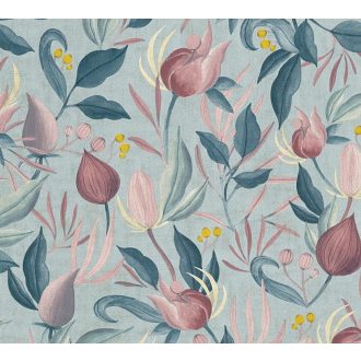   Pasztell színvilág és a vintage botanikai ábrázolásmód szimbiózisa halvány türkizkék mályva rózsaszín sötétkék és arany tónus tapéta