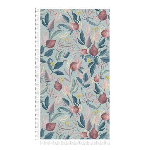 Pasztell színvilág és a vintage botanikai ábrázolásmód szimbiózisa halvány türkizkék mályva rózsaszín sötétkék és arany tónus tapéta