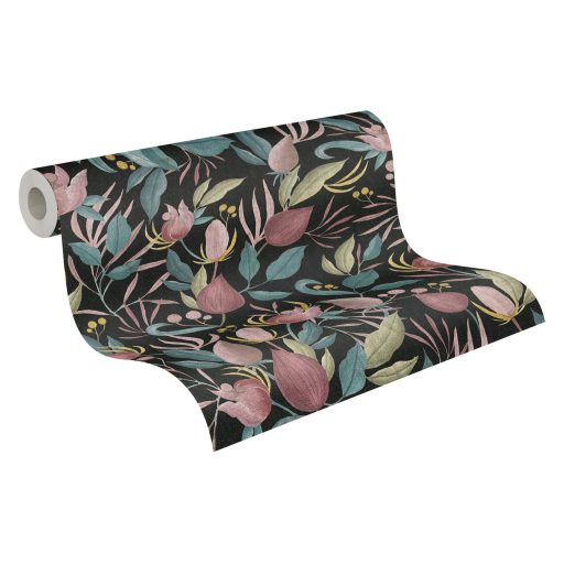 Éjszakai séta a kertben! Vintage romantikus virágkompozíció egy igazi ékszerdoboz fekete rózsaszín mályva petrolkék olívzöld és arany tapéta