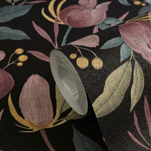 Éjszakai séta a kertben! Vintage romantikus virágkompozíció egy igazi ékszerdoboz fekete rózsaszín mályva petrolkék olívzöld és arany tapéta