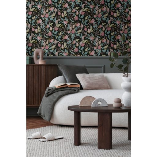 Éjszakai séta a kertben! Vintage romantikus virágkompozíció egy igazi ékszerdoboz fekete rózsaszín mályva petrolkék olívzöld és arany tapéta