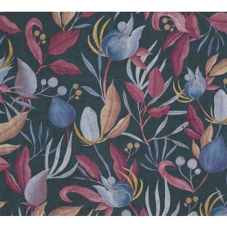   Különleges színvilágban pompázó virágkavalkád sötét zöldeskék levendula szürkéskék mályva korall barack rozsda és arany tónus tapéta