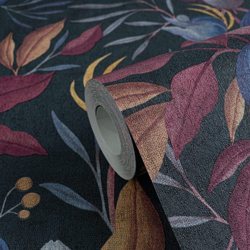 Különleges színvilágban pompázó virágkavalkád sötét zöldeskék levendula szürkéskék mályva korall barack rozsda és arany tónus tapéta