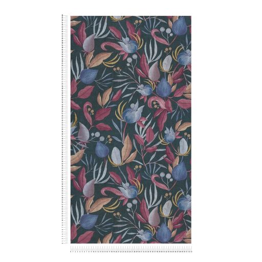 Különleges színvilágban pompázó virágkavalkád sötét zöldeskék levendula szürkéskék mályva korall barack rozsda és arany tónus tapéta