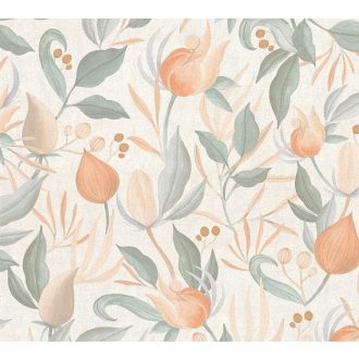   Pasztell színvilág és a vintage botanikai ábrázolásmód szimbiózisa törtfehér barack narancs karamell khakizöld és arany tónus tapéta