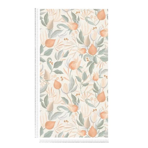 Pasztell színvilág és a vintage botanikai ábrázolásmód szimbiózisa törtfehér barack narancs karamell khakizöld és arany tónus tapéta