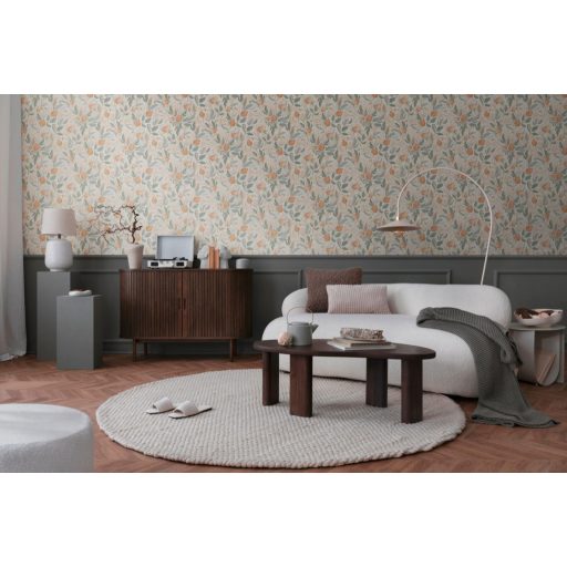 Pasztell színvilág és a vintage botanikai ábrázolásmód szimbiózisa törtfehér barack narancs karamell khakizöld és arany tónus tapéta