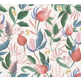   Bátor organikus formák és a virágparadicsom tökéletes szimbiózisa krémfehér korall mályva rózsaszín smaragd arany acél és kobaltkék tapéta