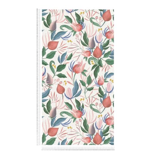 Bátor organikus formák és a virágparadicsom tökéletes szimbiózisa krémfehér korall mályva rózsaszín smaragd arany acél és kobaltkék tapéta