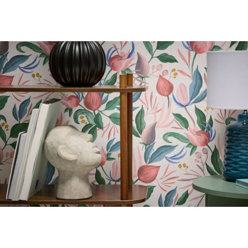 Bátor organikus formák és a virágparadicsom tökéletes szimbiózisa krémfehér korall mályva rózsaszín smaragd arany acél és kobaltkék tapéta