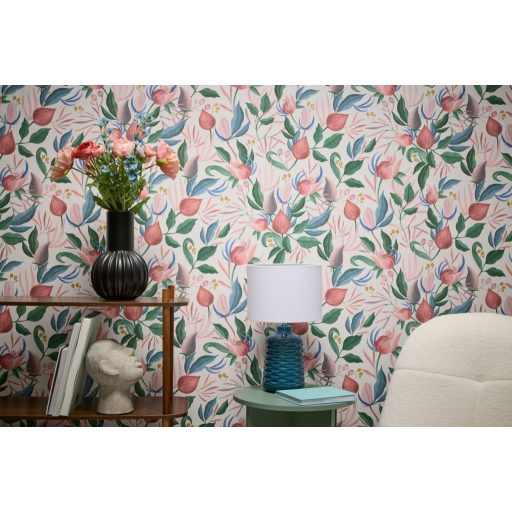 Bátor organikus formák és a virágparadicsom tökéletes szimbiózisa krémfehér korall mályva rózsaszín smaragd arany acél és kobaltkék tapéta