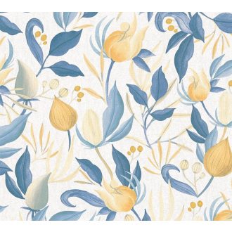   Derűs svéd nyári reggel hangulatú virágkompozíció fehér mézsárga vajszín denimkék acélkék porszürke és arany tónus tapéta