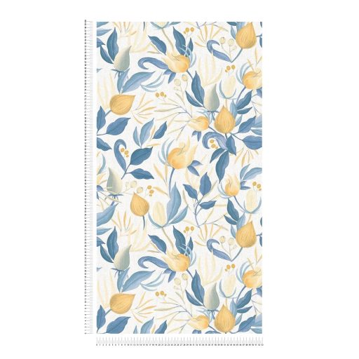 Derűs svéd nyári reggel hangulatú virágkompozíció fehér mézsárga vajszín denimkék acélkék porszürke és arany tónus tapéta