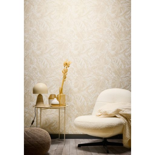 A városi dzsungel sűrűje! Luxus és dráma változatos trópusi levelekkel monokróm - bézs és homokszín tónus fémes hatás tapéta