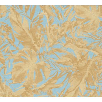   A városi dzsungel sűrűje! Luxus és dráma trópusi levelekkel kék/jégkék és arany tónus fémes hatás tapéta