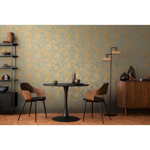 A városi dzsungel sűrűje! Luxus és dráma trópusi levelekkel kék/jégkék és arany tónus fémes hatás tapéta