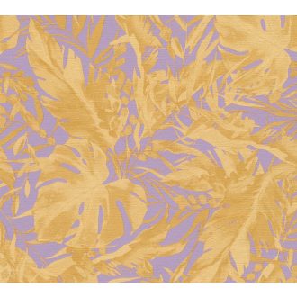   A városi dzsungel sűrűje! Luxus és dráma trópusi levelekkel lila/orgonalila és arany tónus fémes hatás tapéta