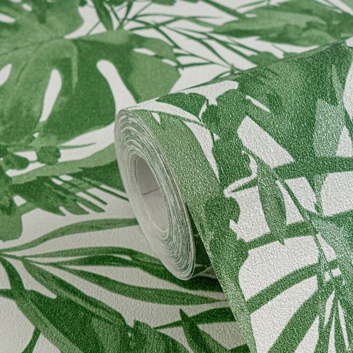 A városi dzsungel sűrűje! Luxus és dráma trópusi levelekkel fehér és friss zöld tónus tapéta