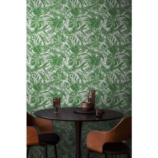 A városi dzsungel sűrűje! Luxus és dráma trópusi levelekkel fehér és friss zöld tónus tapéta