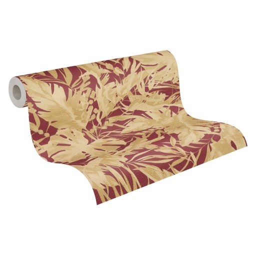 A városi dzsungel sűrűje! Luxus és dráma trópusi levelekkel parázsló bordó és fényűző arany tónus fémes hatás tapéta