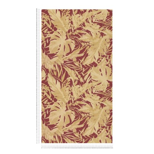 A városi dzsungel sűrűje! Luxus és dráma trópusi levelekkel parázsló bordó és fényűző arany tónus fémes hatás tapéta