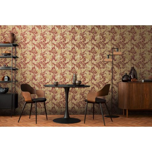 A városi dzsungel sűrűje! Luxus és dráma trópusi levelekkel parázsló bordó és fényűző arany tónus fémes hatás tapéta