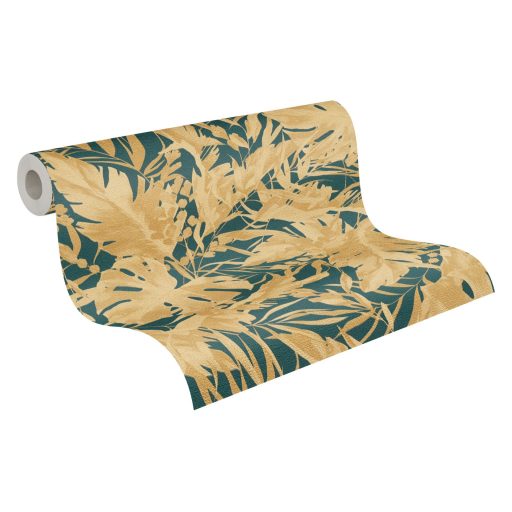 A városi dzsungel sűrűje! Luxus és dráma trópusi levelekkel zöld/petrolzöld és arany tónus fémes hatás tapéta