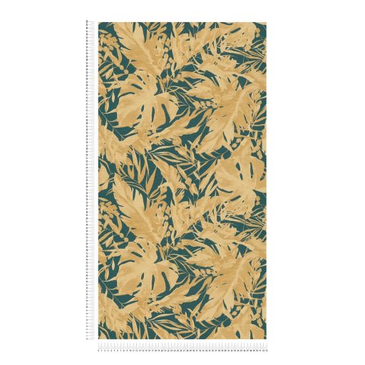 A városi dzsungel sűrűje! Luxus és dráma trópusi levelekkel zöld/petrolzöld és arany tónus fémes hatás tapéta