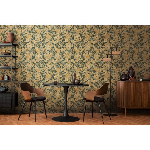 A városi dzsungel sűrűje! Luxus és dráma trópusi levelekkel zöld/petrolzöld és arany tónus fémes hatás tapéta