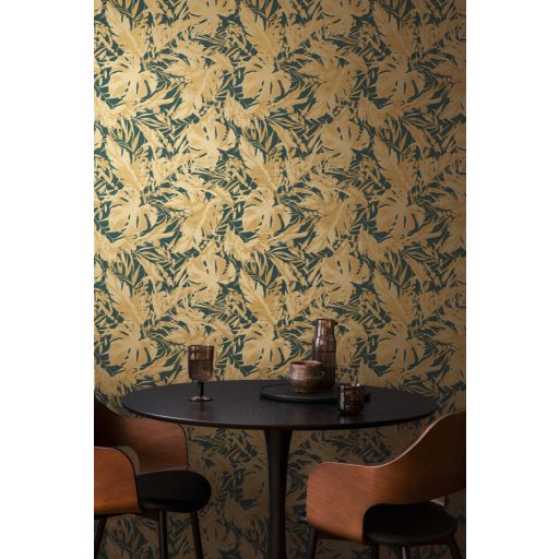 A városi dzsungel sűrűje! Luxus és dráma trópusi levelekkel zöld/petrolzöld és arany tónus fémes hatás tapéta