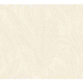   Diszkrét egzotikum! Finom visszafogott nagyformátumú pálmalevél minta krémfehér világosbézs homokszín és bézsarany tónus tapéta