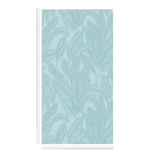Frissesség és tengerparti nyugalom - visszafogott nagyformátumú pálmalevél minta karibi kék/vízkék kékeszöld és ezüst tónus tapéta