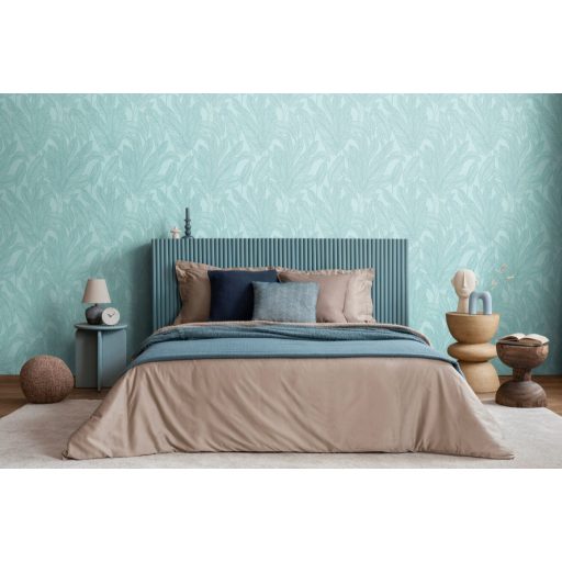 Frissesség és tengerparti nyugalom - visszafogott nagyformátumú pálmalevél minta karibi kék/vízkék kékeszöld és ezüst tónus tapéta